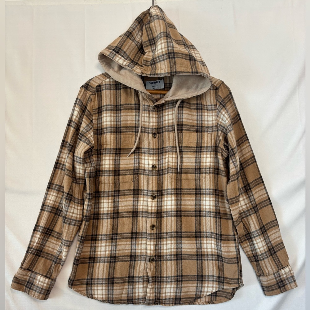 OLD NAVY Tan Plaid Hooded Flannel Shirt Size Small